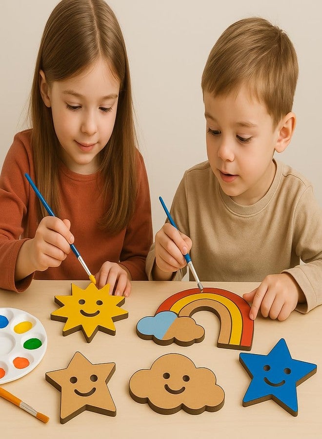 LET'S DIY مجموعة أدوات الرسم للأطفال من ليتل سينز - 5 قطع من خشب MDF (نجمة، قمر، شمس، سحابة، قوس قزح) مع وجوه مبتسمة | 4 بوصات لكل قطعة | مجموعة أدوات حرفية يدوية مع طلاء وفرشاة لنشاط تعليمي إبداعي للأطفال - Image 2